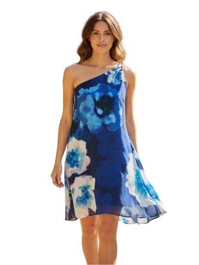 Badgley Mischka Sz 2 Blue Floral One Shoulder Chiffon Dress Sleeveless NWoT